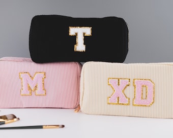 Personalized Initials Corduroy Cosmetic Bag Custom Pouch Chenille Letter Patch Makeup Bag Customized Bag Anniversary Bridesmaids Gifts