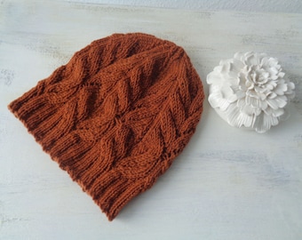 Beanie, Lacemütze, Strickmütze "Cognac" aus Wolle vom Merinoschaf