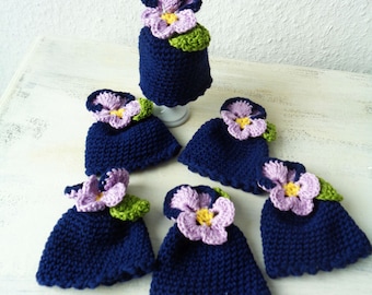 Set of "Pansies" made of cotton, crocheted, six egg warmers