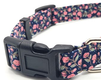 Navy rose floral adjustable dog collar
