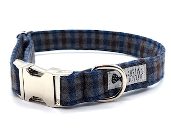 Blue and Grey Check Flannel Dog Collar | Collar and matching lead set