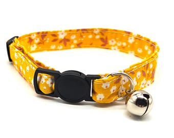 Cat Collar -  Mustard yellow floral breakaway safety collar