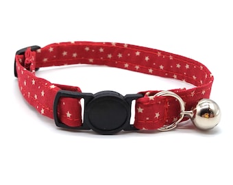 Cat collar - red and cream gold star breakaway safety collar - matching cat bowtie