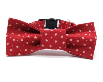 Cat collar - red and cream gold star breakaway safety collar - matching cat bowtie