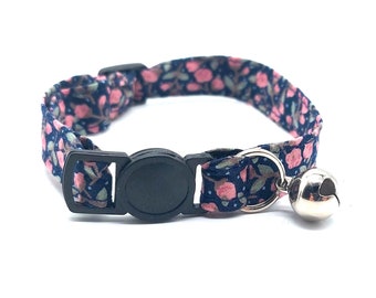 Cat Collar - navy blue rose fabric breakaway safety collar