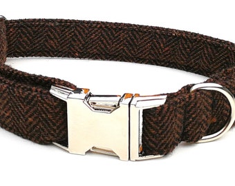 Brown Classic Tweed Herringbone Adjustable Dog Collar with matching lead and bowtie