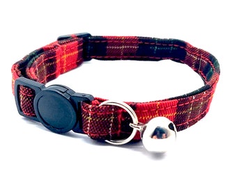 Cat Collar - red plaid tartan fabric breakaway safety collar