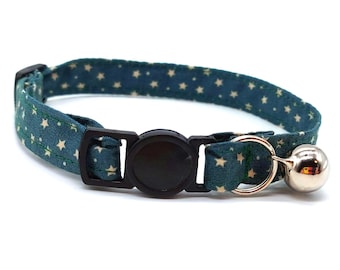 Cat Collar -  green and cream gold star breakaway safety collar