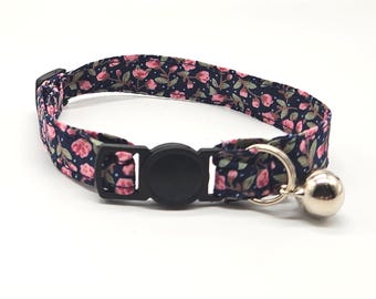 Cat Collar - navy blue rose fabric breakaway safety collar