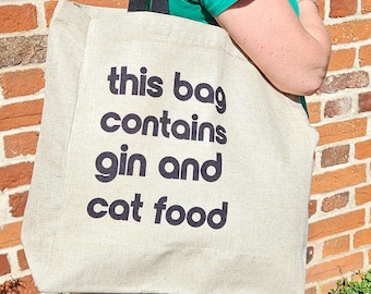 Large Faux Hessian Shopping Bag | This Bag Contains  Gin and Cat Food