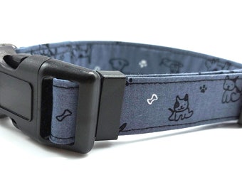 Grey Puppy Design Dog Collar | Adjustable dog collar | Classic dog collar | dog collar and bowtie set