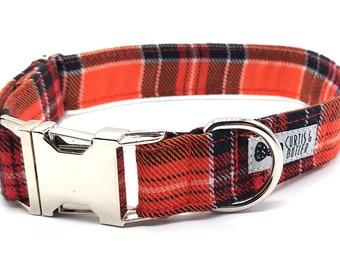 Orange Plaid Check adjustable Dog Collar - matching dog  lead set |