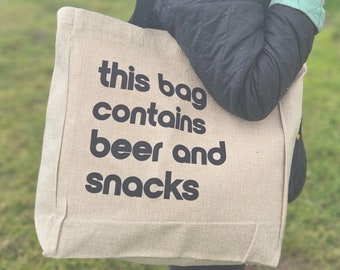Large Faux Hessian Shopping Bag | This Bag Contains beer and snacks | Novelty Shopping Bag | Beer Gift