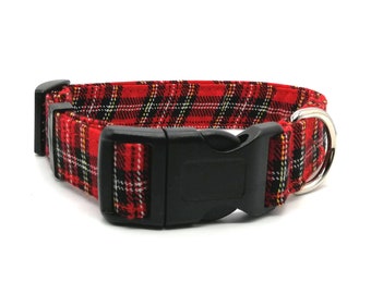 Red Tartan Check adjustable dog collar and  matching dog collar and lead set