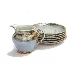 Vintage Bavaria Crown creamer and saucers. Gold trim lusterware tea set.
