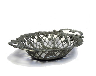 Silver plated pewter rose filigree lace decorative bowl, vintage ornate bowl