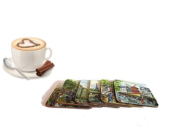 French Paris paintings square cork and plastic vintage coaster set of six.