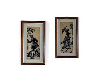 Regency lady and gentleman black embroidered silhouettes, two framed vintage JANE AUSTEN needle point wall art