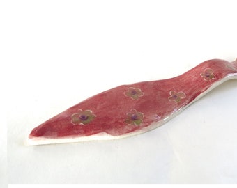 Vintage handmade spoon rest, red floral ceramic pottery spoon rest spoon holder