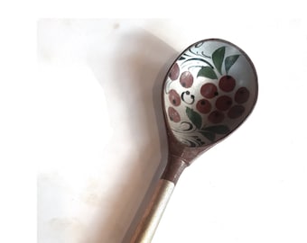 Vintage Russian wood painted  khokhloma spoon, hand painted berries and leaves