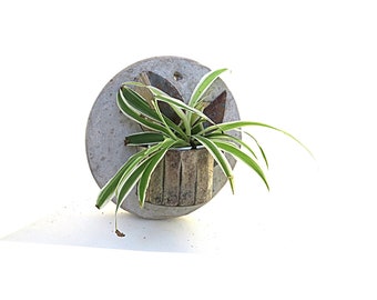 Vintage silver plated brass russian tea glass holder, upcycled into round wall hanging concrete rustic plant holder, air plant holder