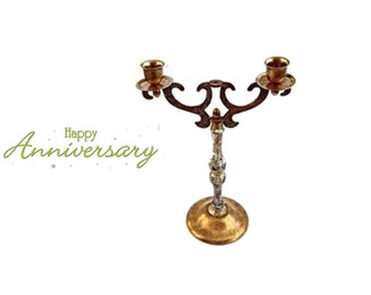 Ornate 2 ARM wood and brass 1973 CANDELABRA. Shabby chic white painted candelabra. 25 years anniversary gift.