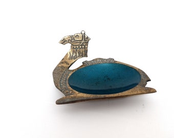 True vintage footed camel ashtray, engraved brass in gold and blue. Made by Hakuli Israel.