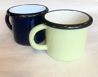 Two small handled enamel yellow and blue cups, vintage kitchen rustic enamelware cups