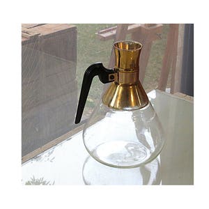 Mid century modern gold pyrex glass coffee pot with black bakelite handle