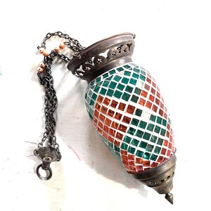 Vintage Moroccan copper ornate pendant lantern lampshade, old oriental hanging copper light with small blue and orange glass tiles