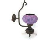 Upcycled vintage copper wall lamp. Glass lamp shade . Hand painted with glass colors. Purple. Blue.