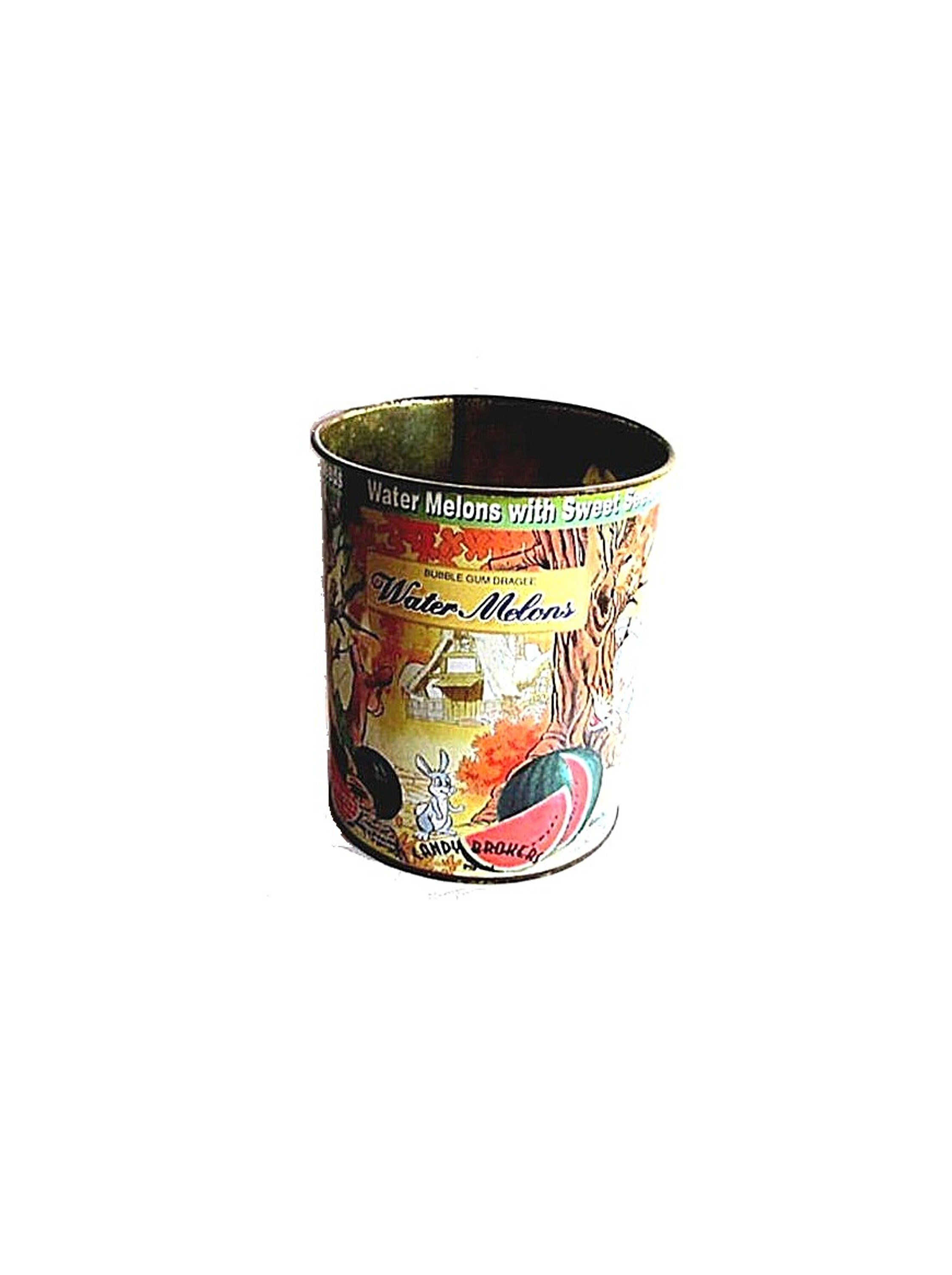 Large tall rusty cylinder spanish vintage water melon bubble gum candy tin by Vidal candies