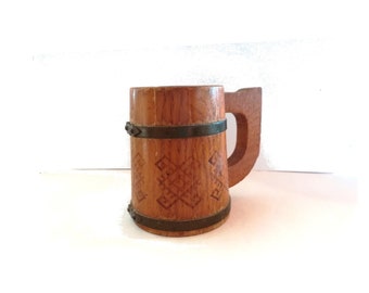 Collectible vintage wood barrel beer stein.  Wooden bear mug with brass bands