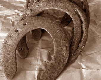 Vintage old rustic horseshoes, good luck symbol, rusty rural farmhouse decor, five to choose from
