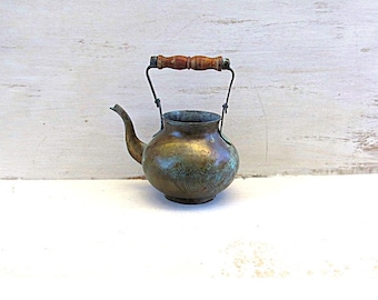 Oriental engraved copper wooden folding handle teapot vintage with blue patina