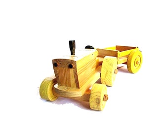 Wood handmade farm toy large two componenets pull tractor and cart toy for toddlers. Pine wood hand painted with acrylic colors.
