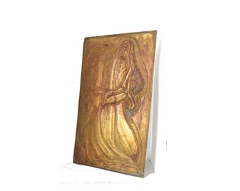 Vintage handmade biblical art, MOSES and the tablets of stones with the TEN COMMANDMENTS, embossed in copper.