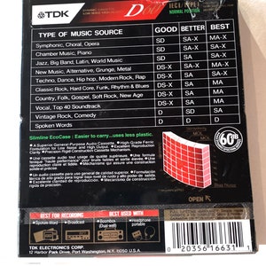 May include: A TDK D-series audio cassette tape, featuring a black and red design. The packaging includes a chart detailing music source types and recording quality. Text on the packaging includes "Slimline EcoCase" and "Best for Recording".