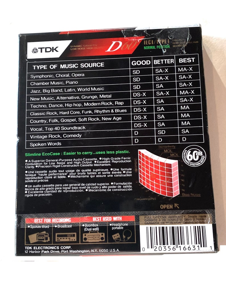 May include: A TDK D-series audio cassette tape, featuring a black and red design. The packaging includes a chart detailing music source types and recording quality. Text on the packaging includes "Slimline EcoCase" and "Best for Recording".