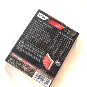 May include: A TDK audio cassette tape package, featuring a black and gold design with the TDK logo. The packaging lists various music genres and tape quality levels. The package also includes a barcode and the text "Slimline EcoCase".