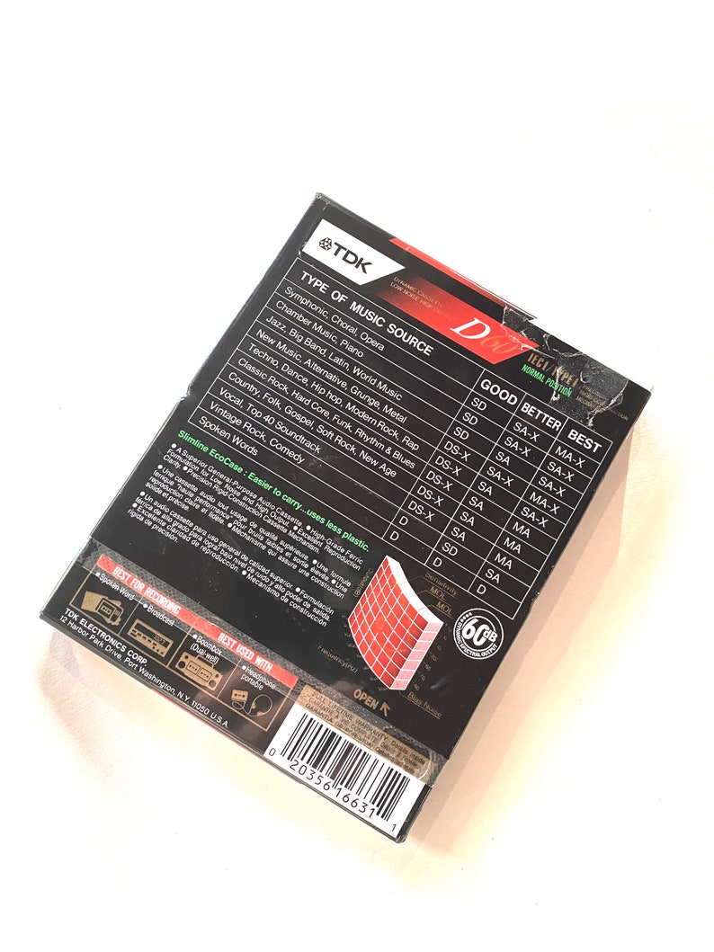 May include: A TDK audio cassette tape package, featuring a black and gold design with the TDK logo. The packaging lists various music genres and tape quality levels. The package also includes a barcode and the text "Slimline EcoCase".