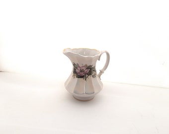 Vintage floral gold trim lusterware white and pink china porcelain creamer milk pitcher