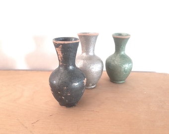 Small vintage middle eastern handmade primitive pottery jugs, pottery bud vases painted with metallic colors, 3 available