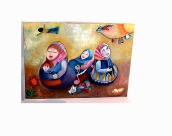 Motherhood surreal OOAK original oil on canvas painting. Matryoshka, babushka, nesting dolls art. Ready to hang.