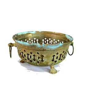 Rustic small copper filigree plant holder, two ring handles footed vintage bowl.