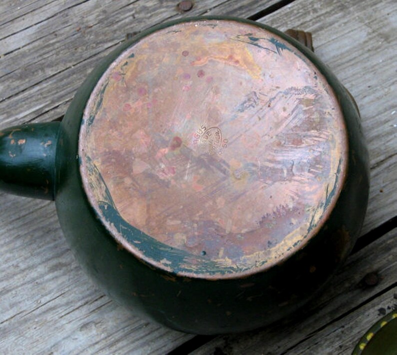 Old Copper Green Chippy Paint Tea Kettle With a Wood Handle Etsy
