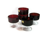 Vintage Luminarc set of 5 ruby red glass dessert dishes. French glassware.