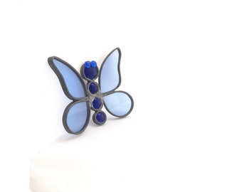 Vintage handmade stained glass blue butterfly small sun catcher, ready to hang