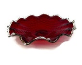 Vintage ruby red ruffled glass bowl. Decorative wavy bowl . Clear glass edges.