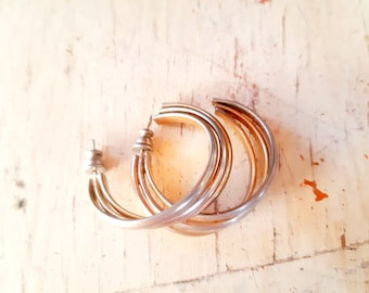 Silver and gold plated large vintage two metal hoop earrings